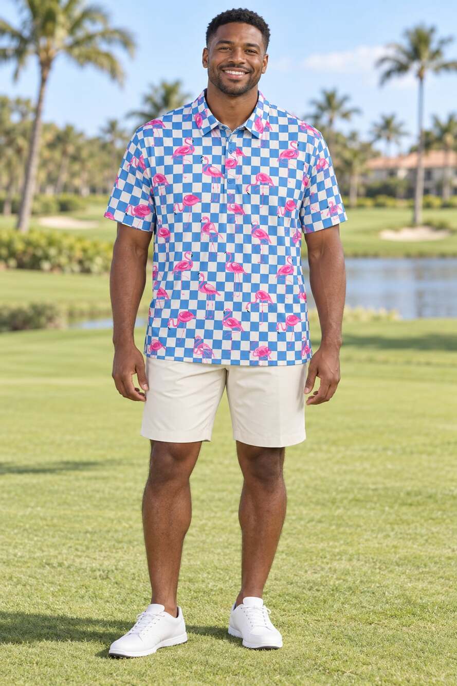 Birdie Bound Printed Checkerboard Flamingo Golf Polo Size L
